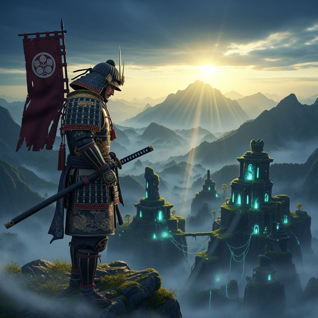 Lone Samurai Contemplates Ancient Ruins in 3D Render