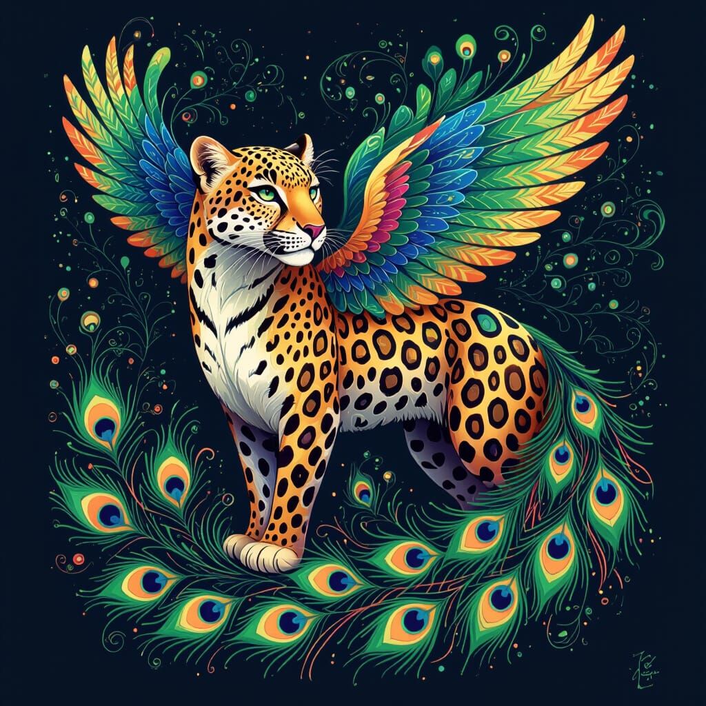 Leopard with Peacock Wings in Whimsical Style