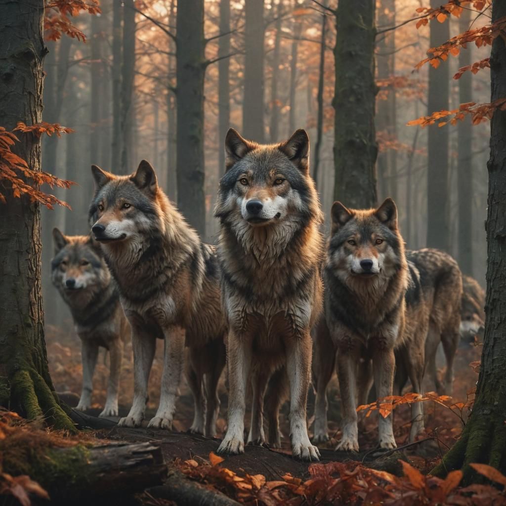 Wolves in Misty Forest: Hyperrealistic Concept Art