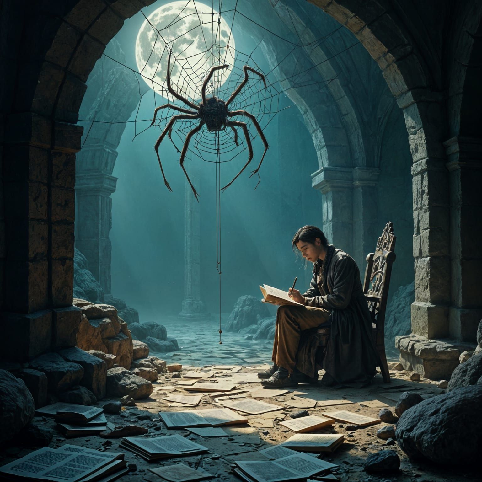 Spider and Poet Ensnared by Creations: Fantasy Art