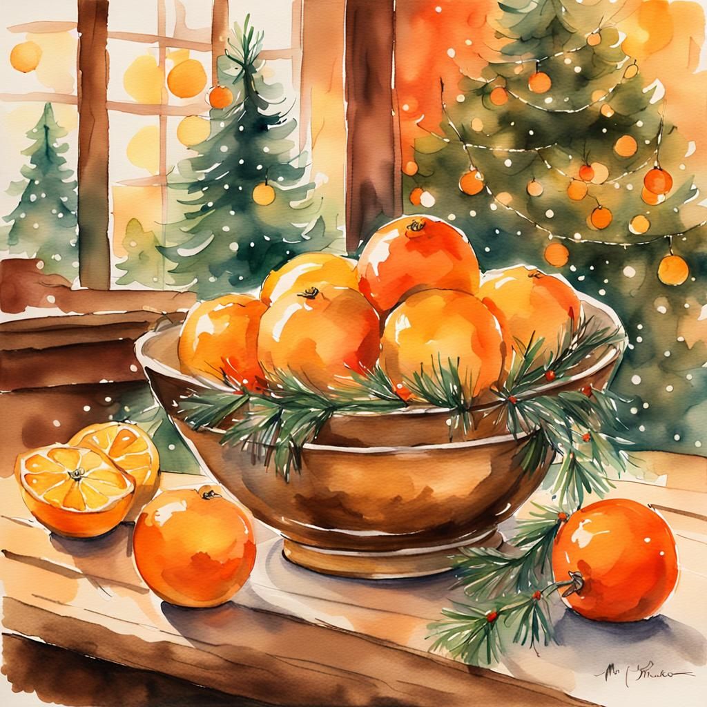 Cozy Christmas Watercolor of Oranges on a Wooden Table