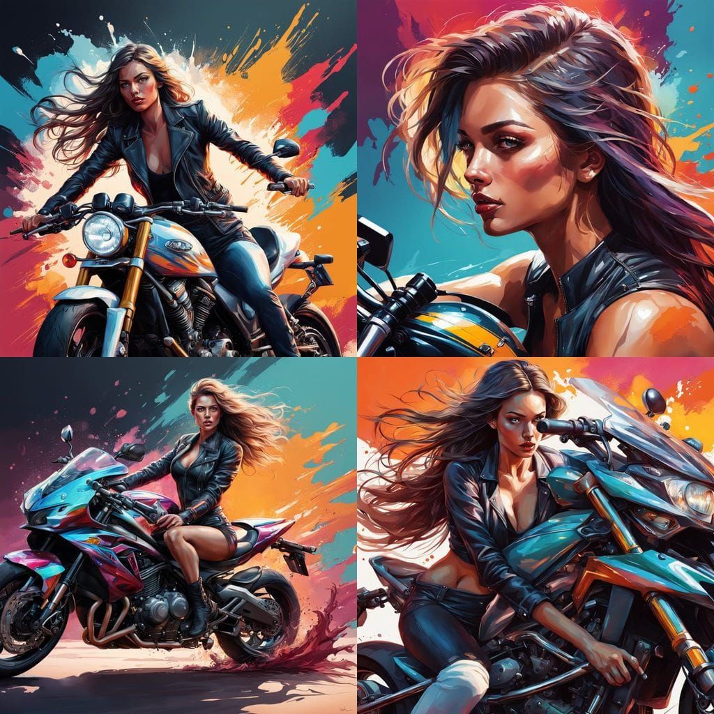 Femme on a Motorcycle in Hyperrealistic Splash Art Style