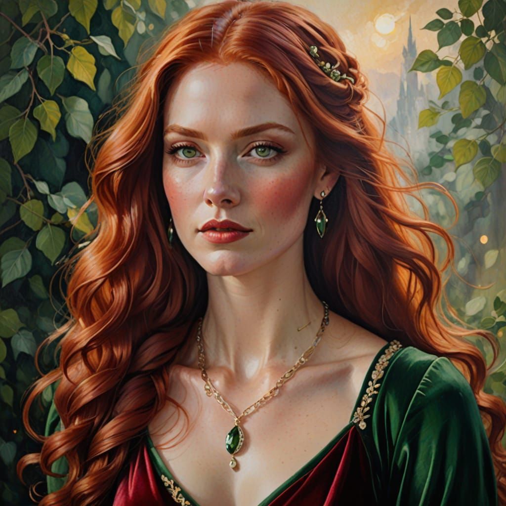 Elegant Redhead in Crimson Gown: Oil Painting
