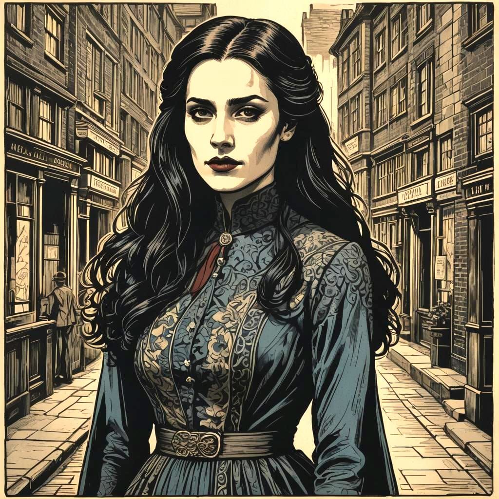 Mina Murray in London: Woodcut Style Portrait