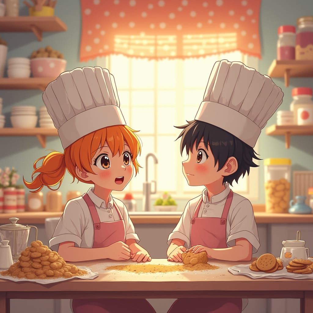 Sweethearts Baking Together in a Whimsical Anime-Style Cooki...