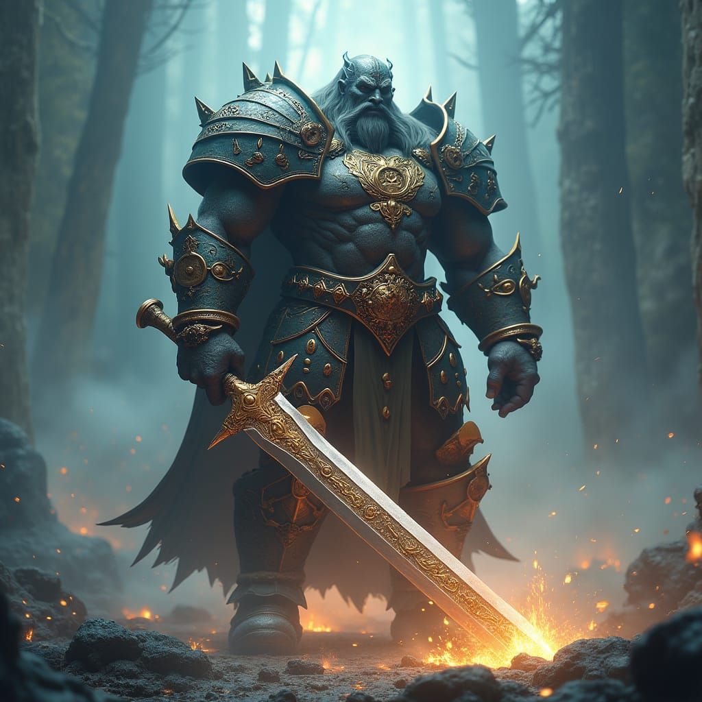 Armored Warrior in Mystical Forest: Digital Matte Painting
