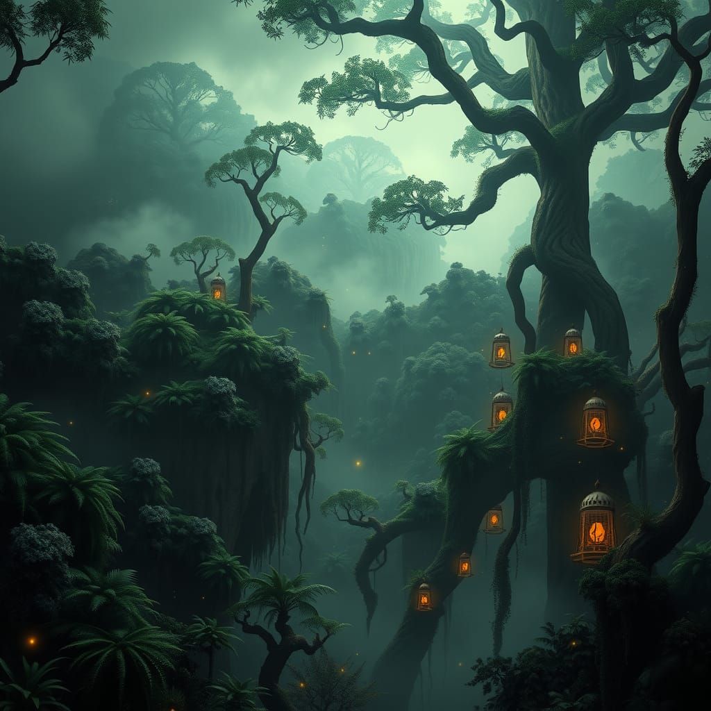 Luminous Fireflies in Colossal Dark Jungle Matte Painting