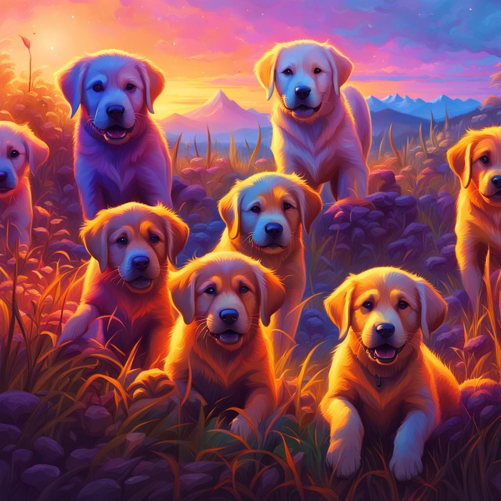 Golden Lab Puppies in Meadow: Fantasy Concept Art