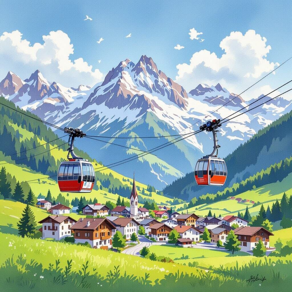 Whimsical Swiss Village in Green Valley with Cable Cars