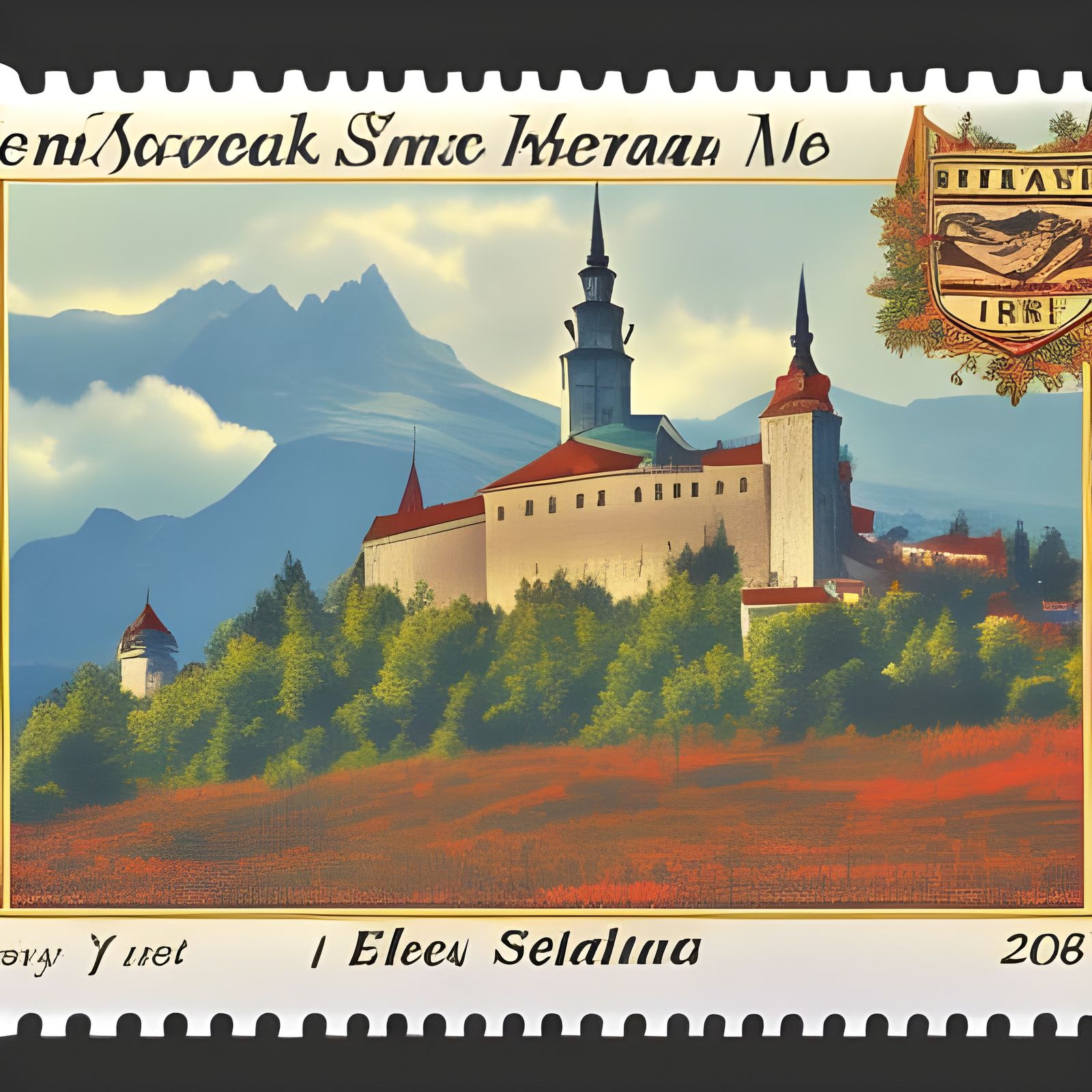Slovak Castle as Detailed Postage Stamp Art