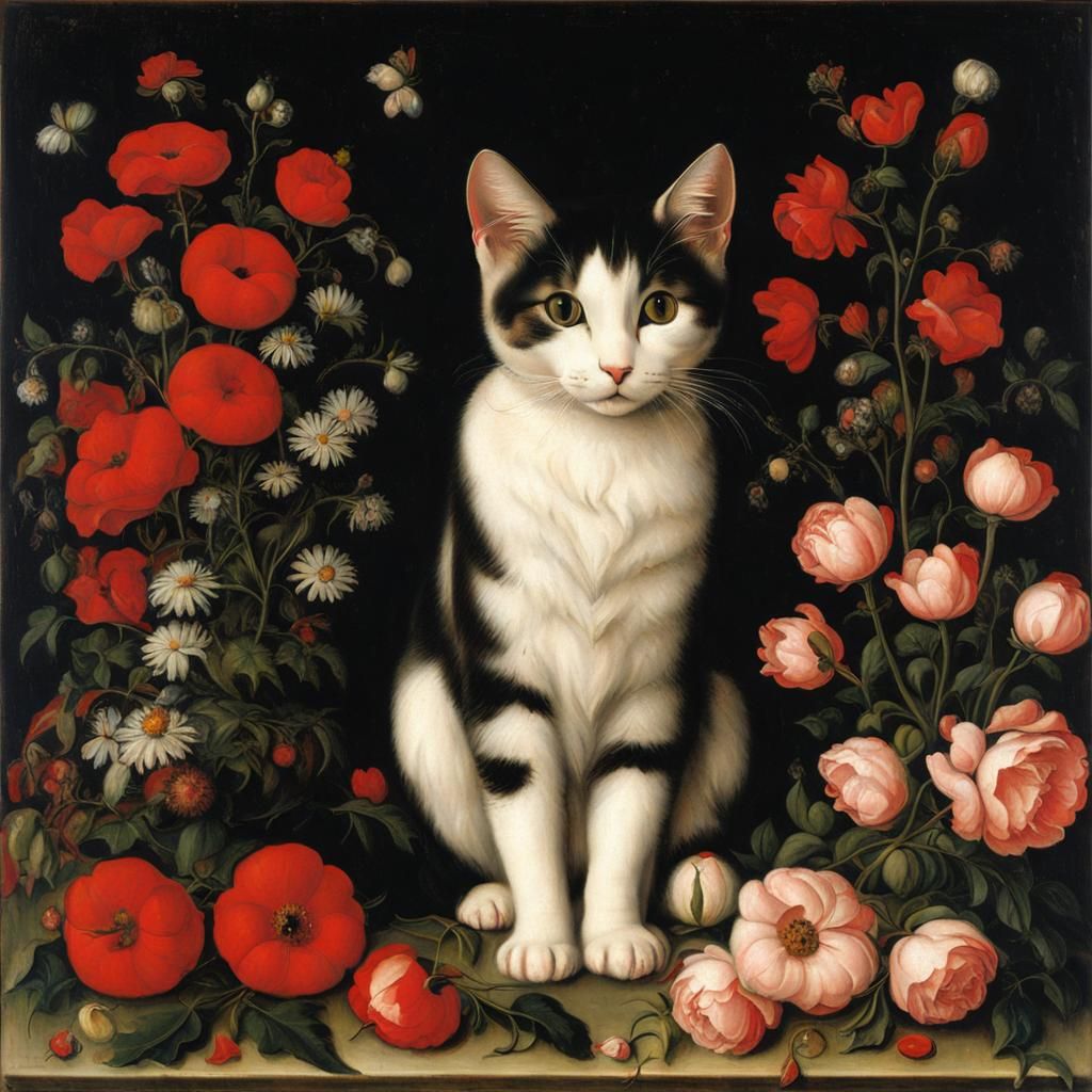 Cat on Pillow in Early Netherlandish Style