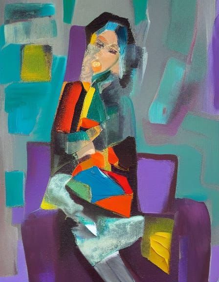 Vibrant Woman in Deep Gray and Turquoise Oil Painting