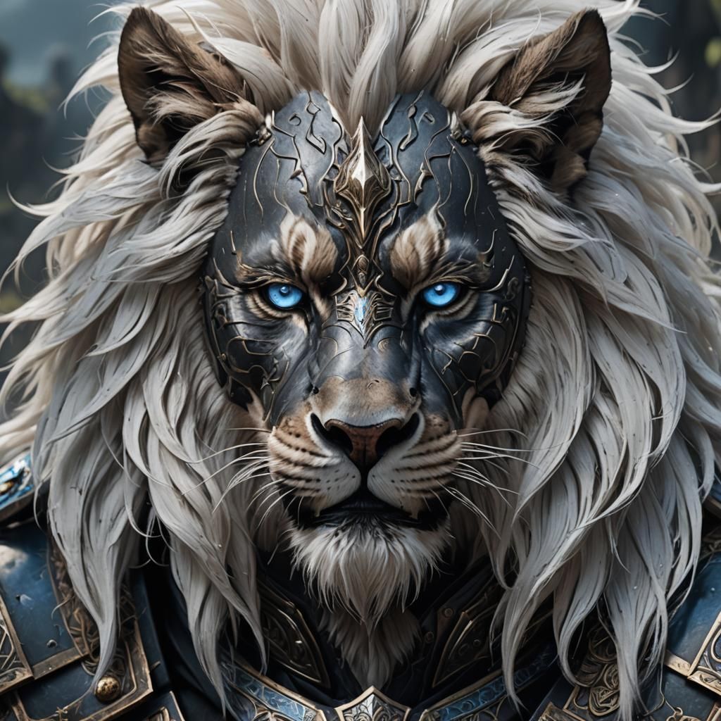 Lion-faced Man with Blue Eyes in Metal Armor