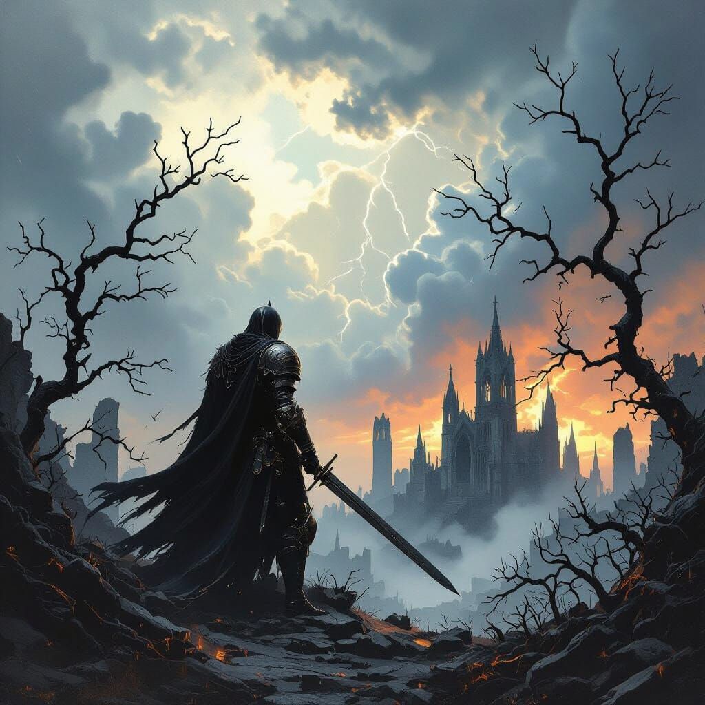 Knight Silhouetted Against Gothic Cathedral Ruins