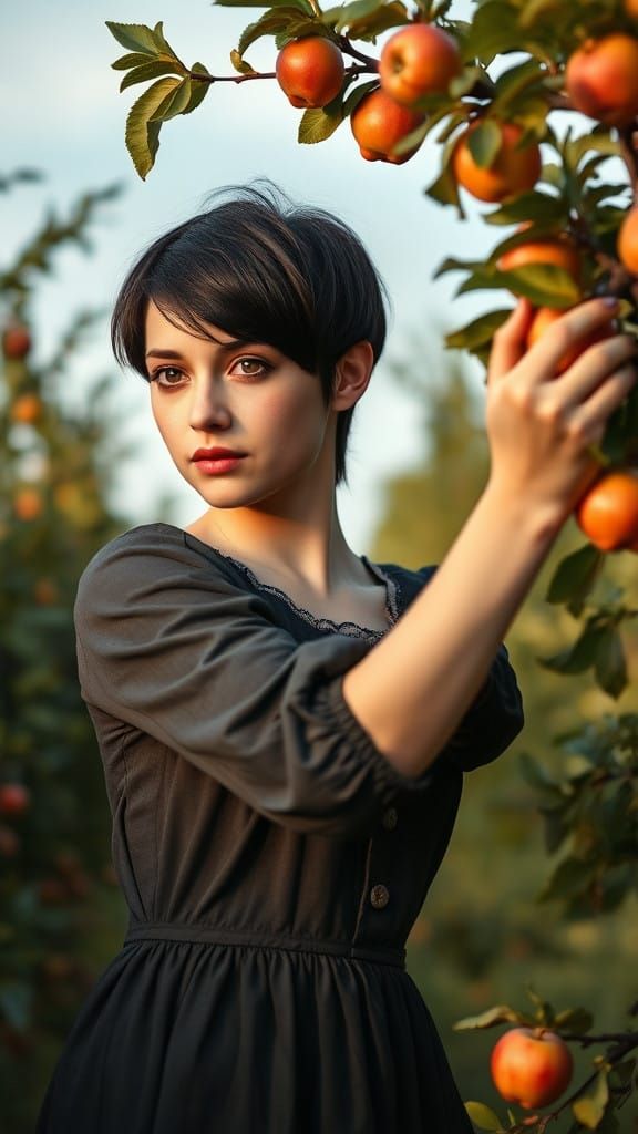 Young Woman Harvesting Apples in a Lush Orchard