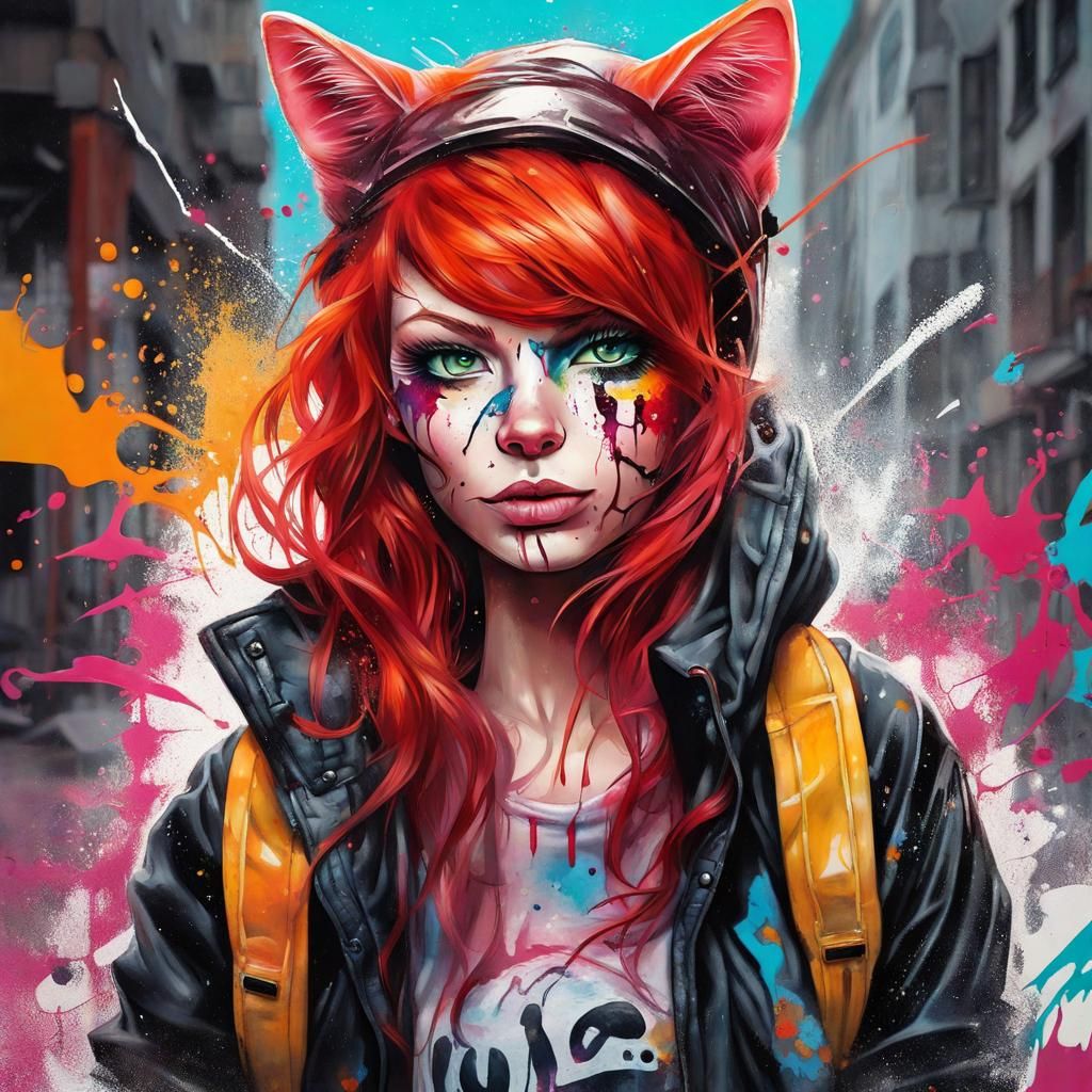 Redhead Cat Girl in Graffiti Street Art