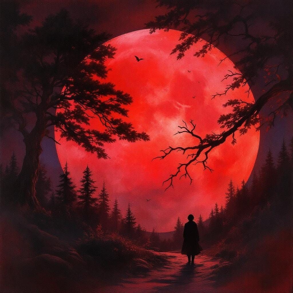 Hyperrealistic Red Moon Watercolor in Bierstadt Style