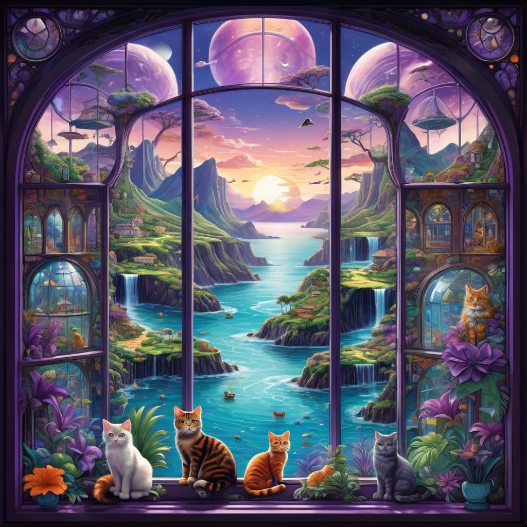 Whimsical Cat Paradise Through Majestic Glass Window