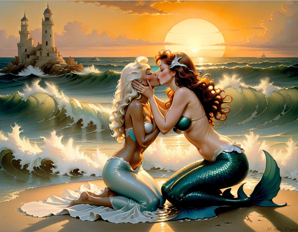 beautiful woman kneeling and kissing a pretty mermaid at sun...