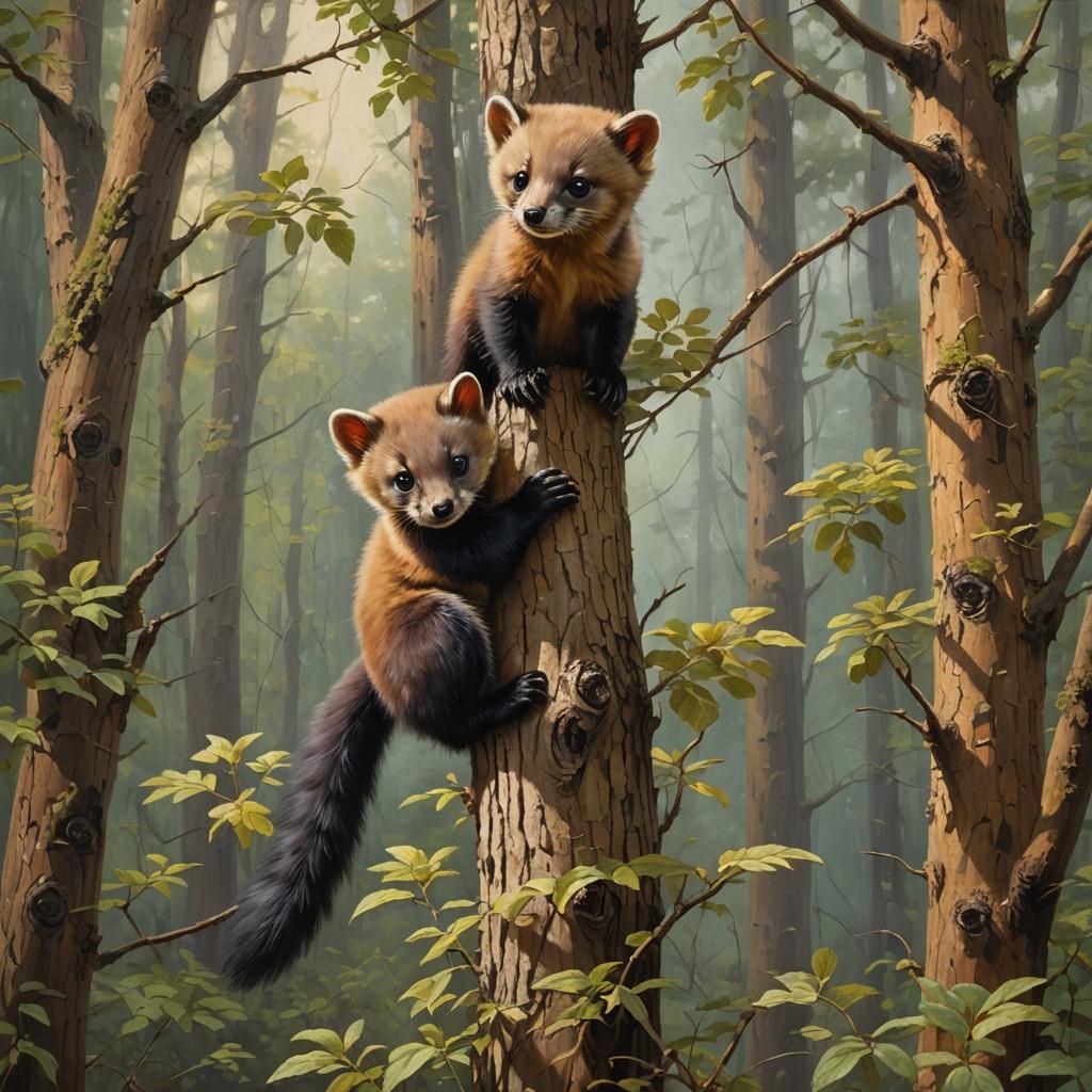 Baby Marten Climbing Tree, Oil Painting Style