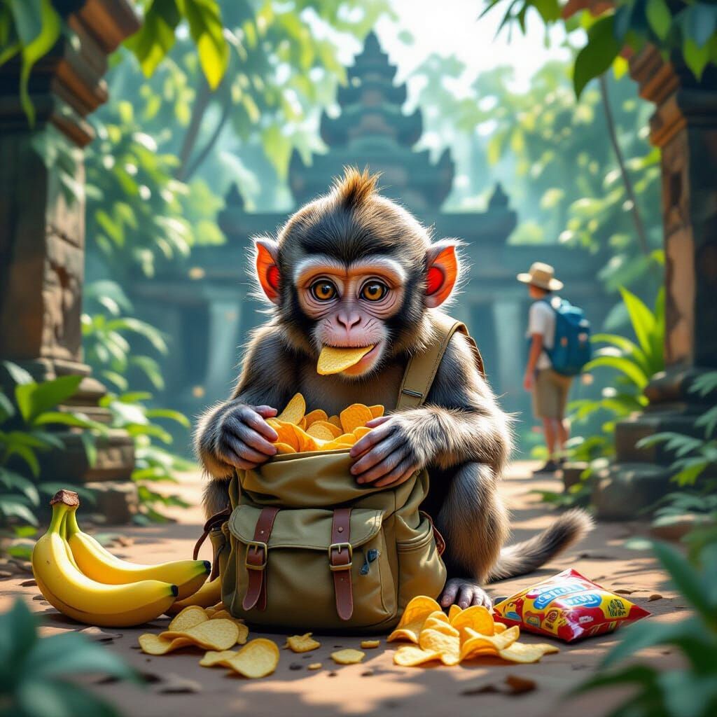 Mischievous Monkey Stealing Snacks in Jungle Temple