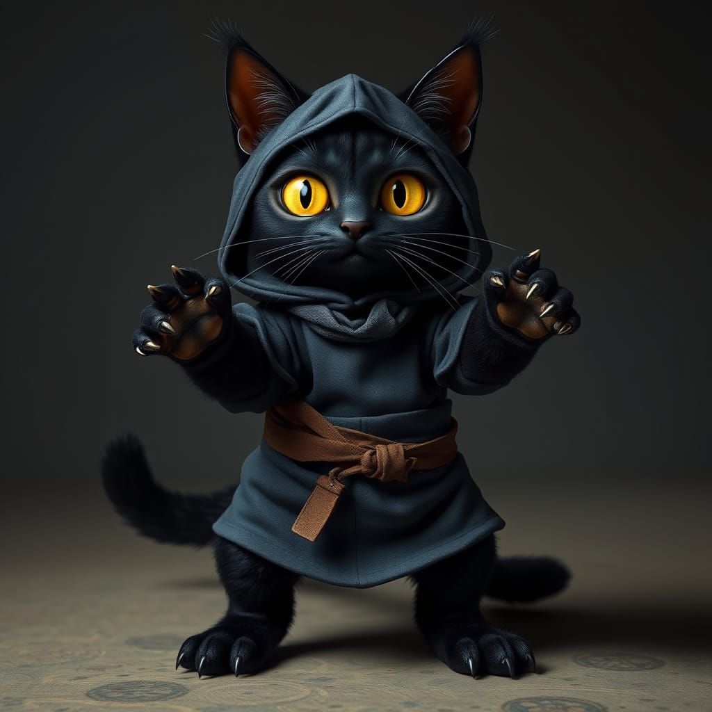 Ninja Cat with Yellow Eyes in Photorealistic Style