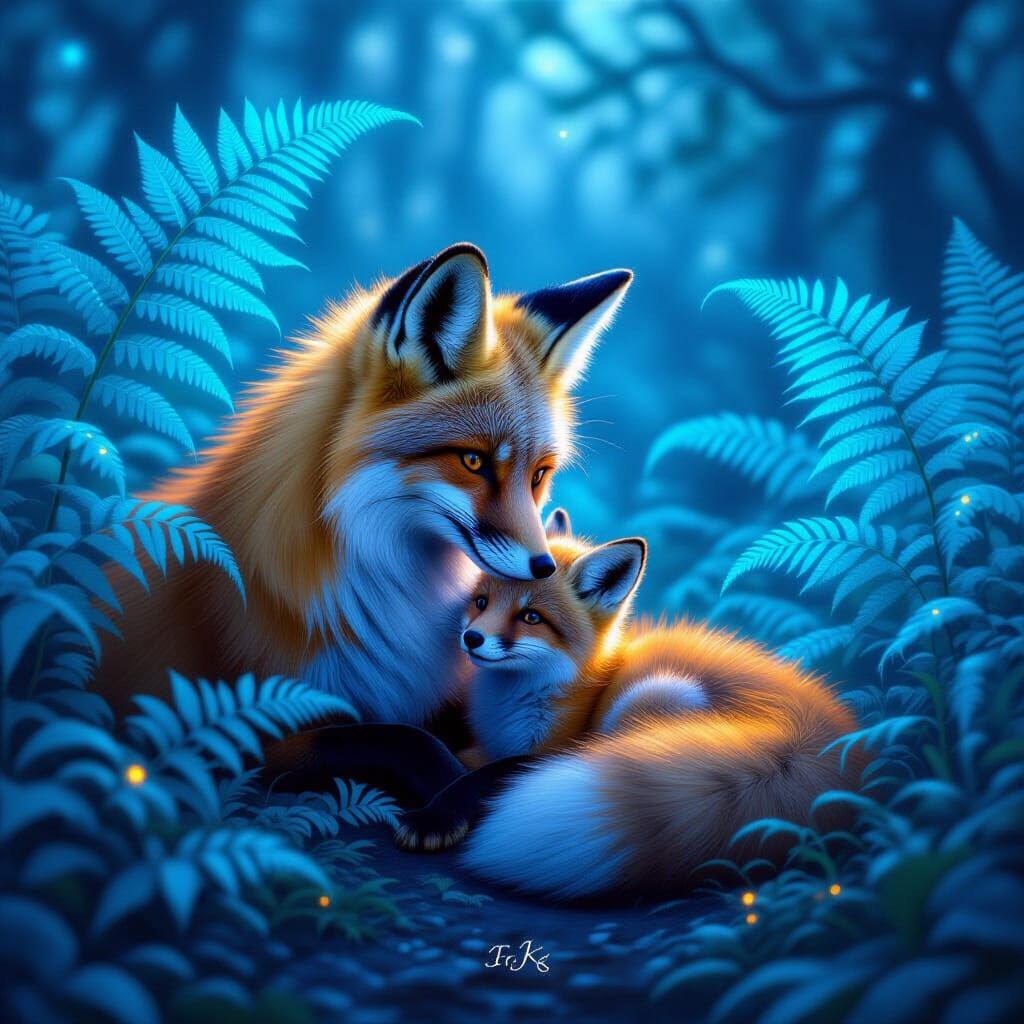 Mother Fox and Cub Under Glowing Ferns