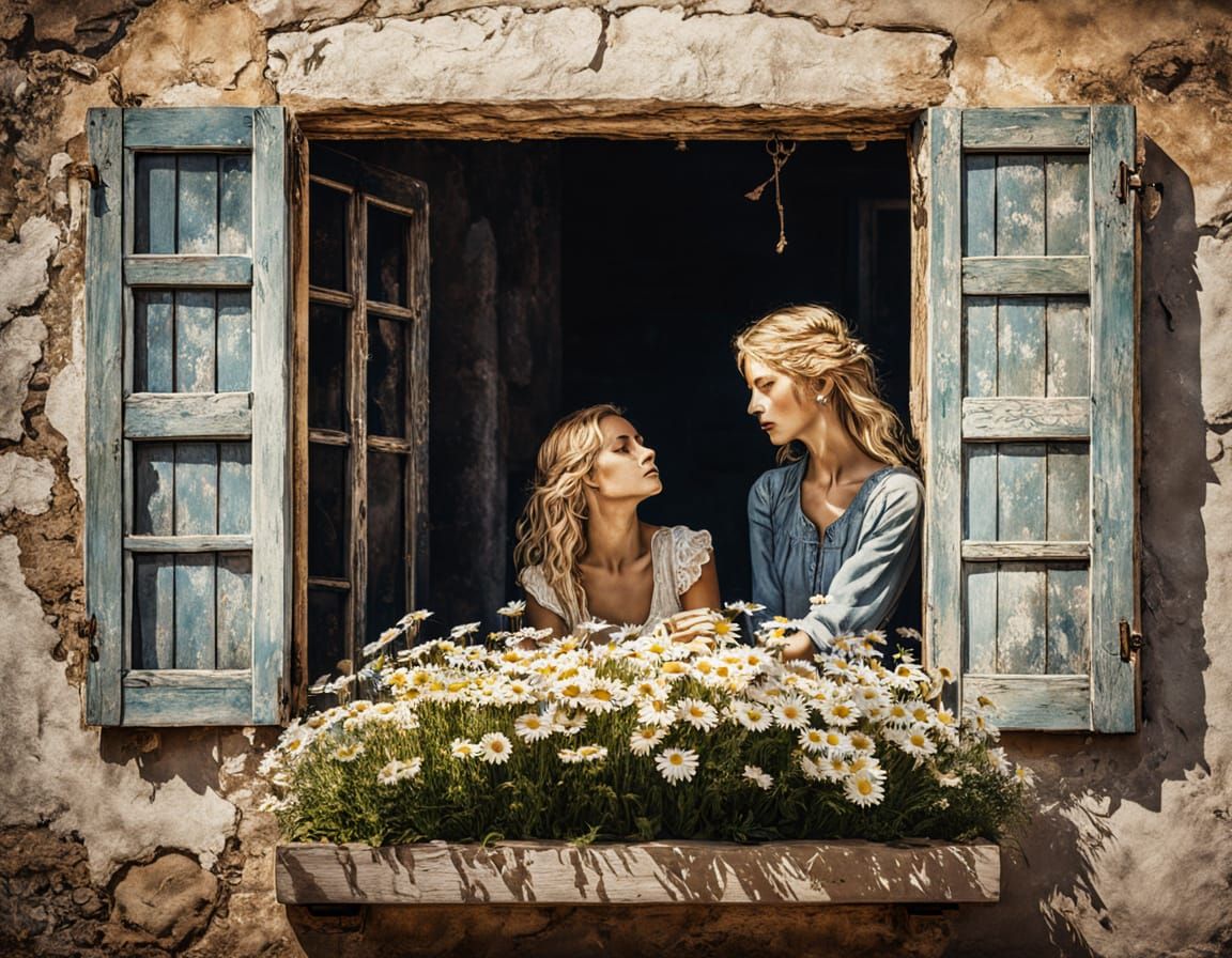 Woman with Daisies at Rustic Window, Watercolor Style
