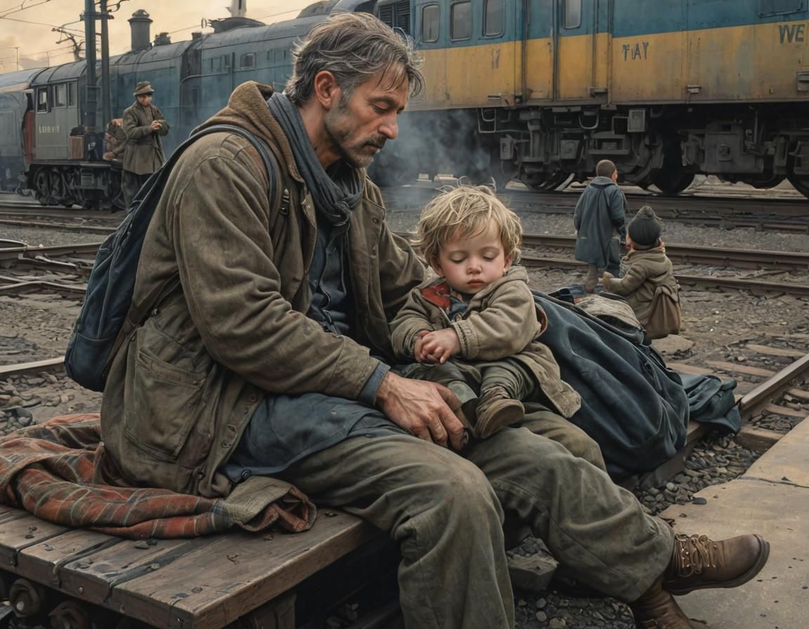 Toddler Sleeping with Father: Hyperrealistic Splash Art