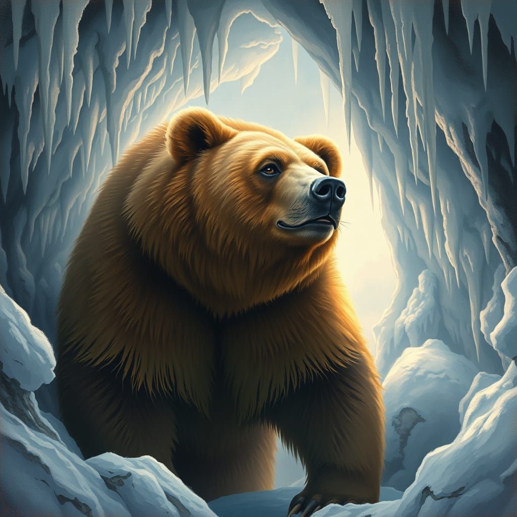Majestic Grizzly Bear in Snowy Cave, Winter Landscape