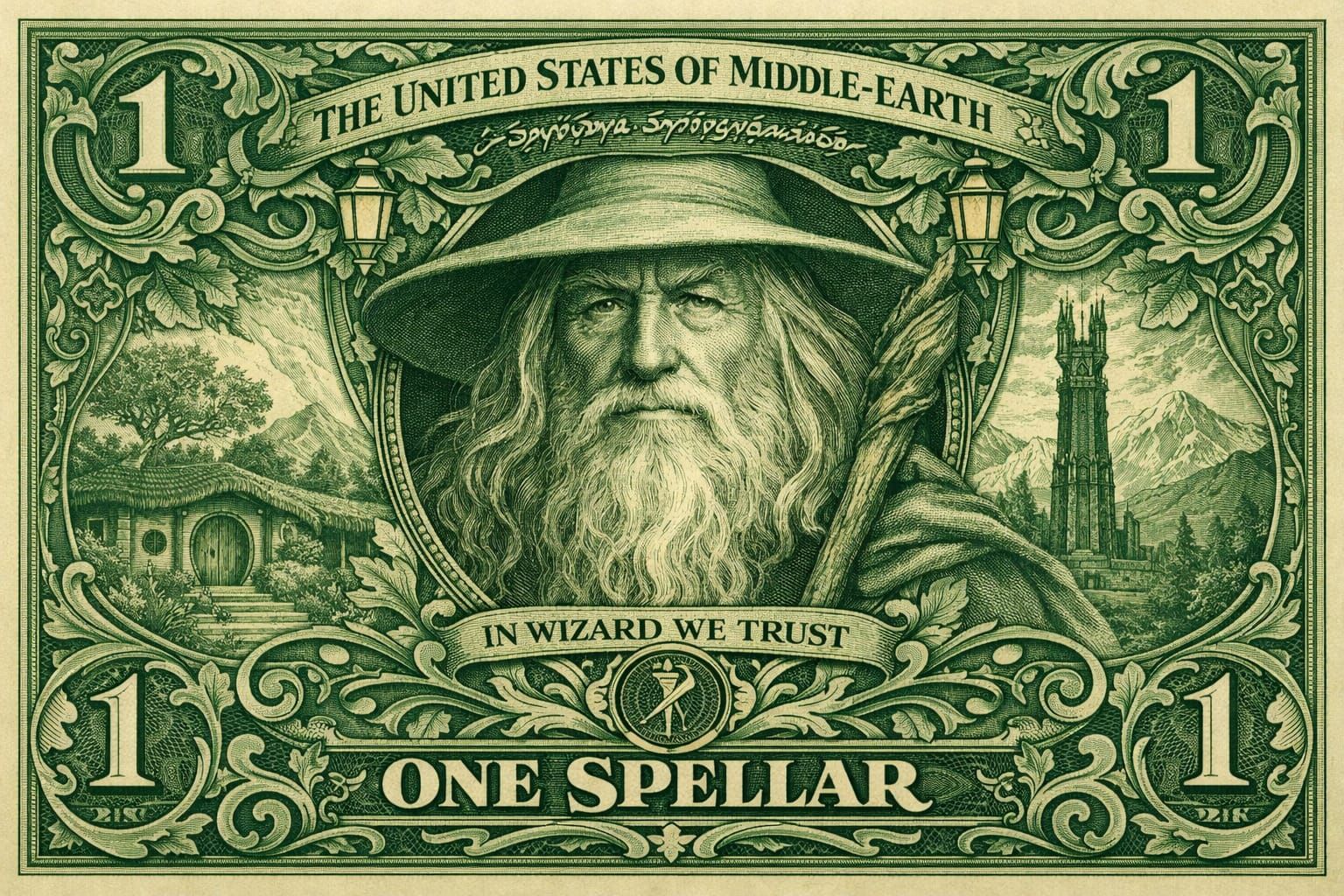 Gandalf Reimagined on Art Nouveau Green Dollar Bill