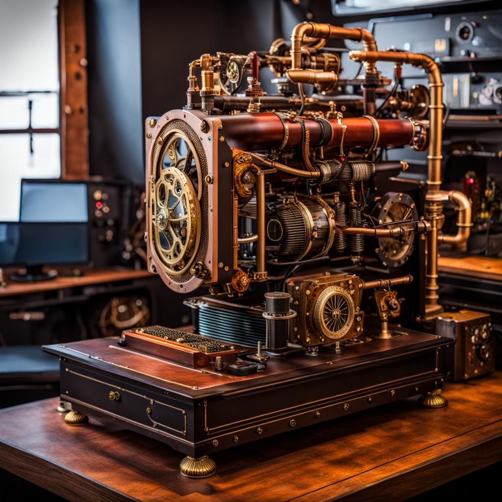 Steampunk Gaming PC Setup with Engine