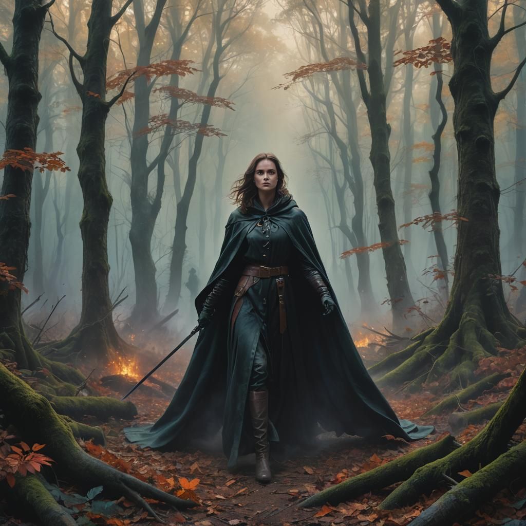 Girl Painting War Scene in Misty Forest