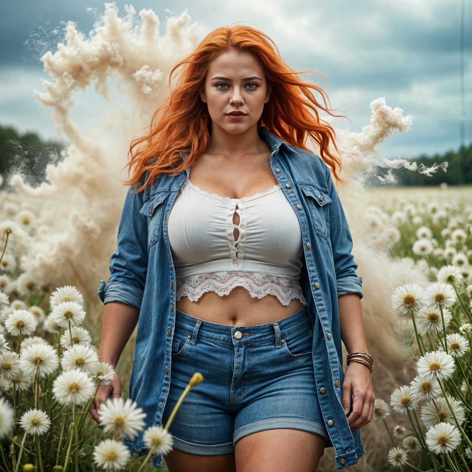 Surreal Denim Goddess Swirling in Windswept Clouds