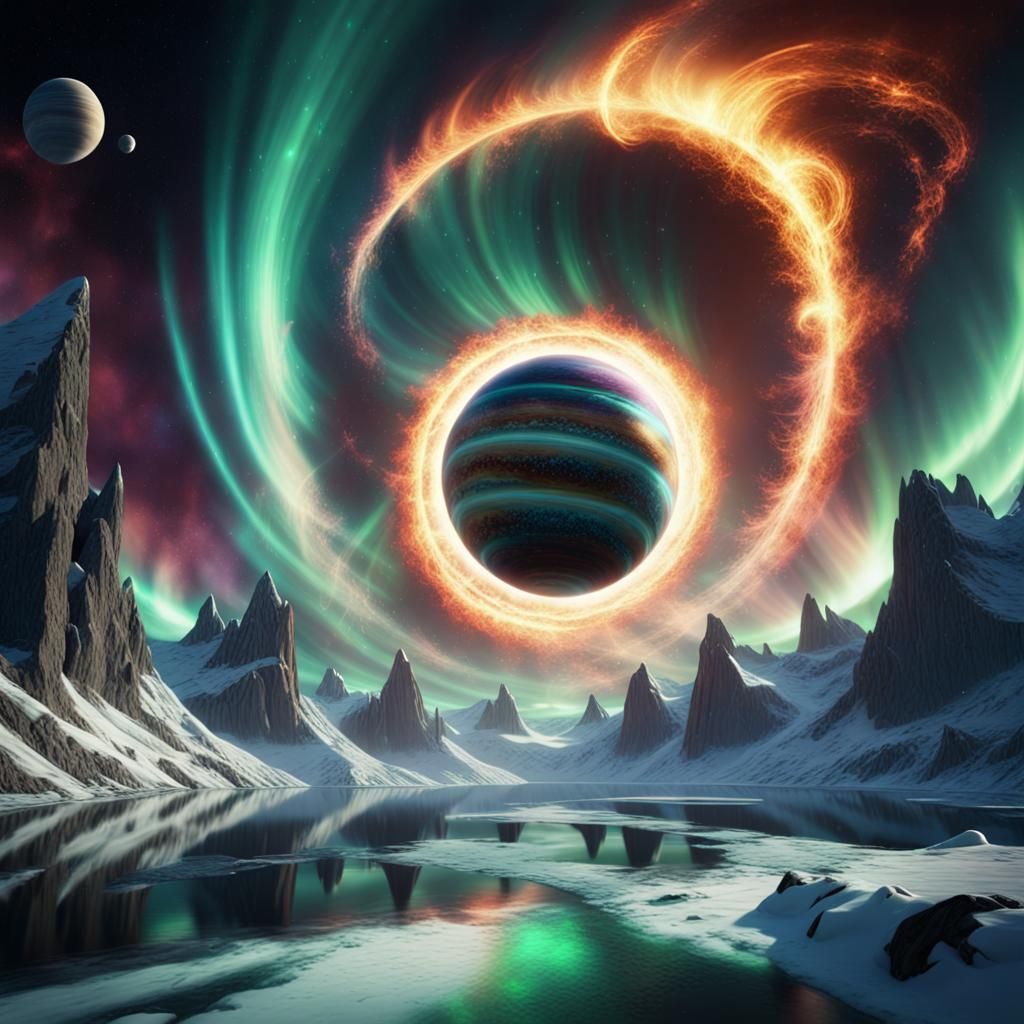 Aurora Borealis with Spiraling Planets, Digital Art
