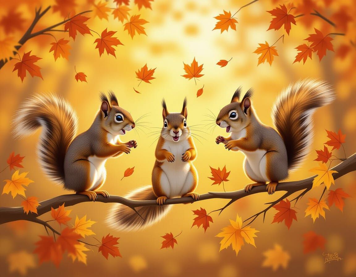 Squirrels Chasing Through Golden Autumn Branches
