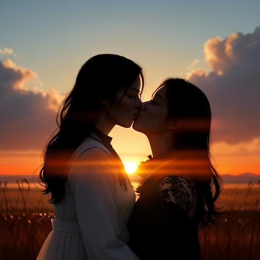 Silhouette of Two Women Kissing at Sunrise