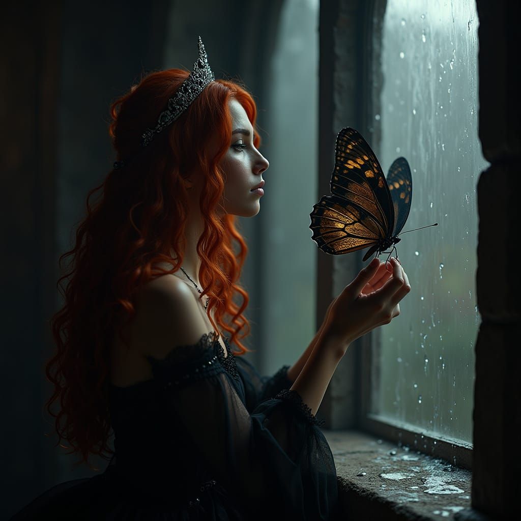 Black Princess in Dark Castle with Red Hair and Silver Tiara