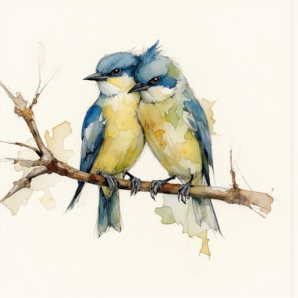 Bluebirds Snuggling on a Branch in Watercolor