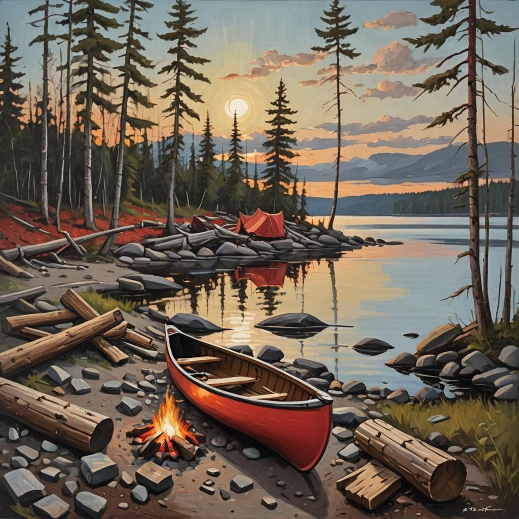 Red Canoe on Lake: Impasto Painting of Evening Camp
