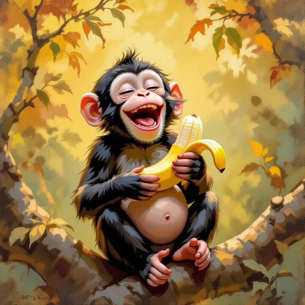 Laughing Monkey with Banana in Beatrix Potter Style