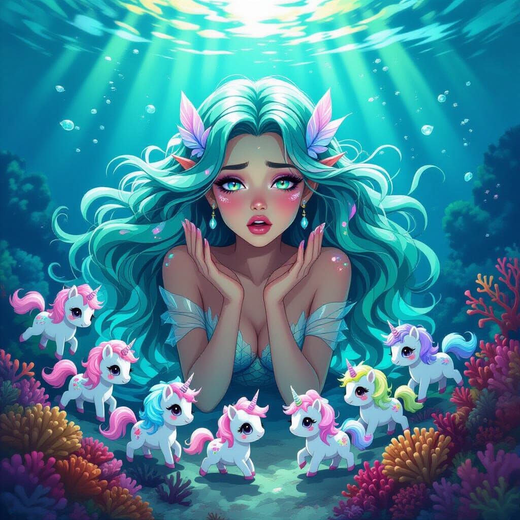 Siren's Disgust at Cute Unicorns in Surreal Coral Reef