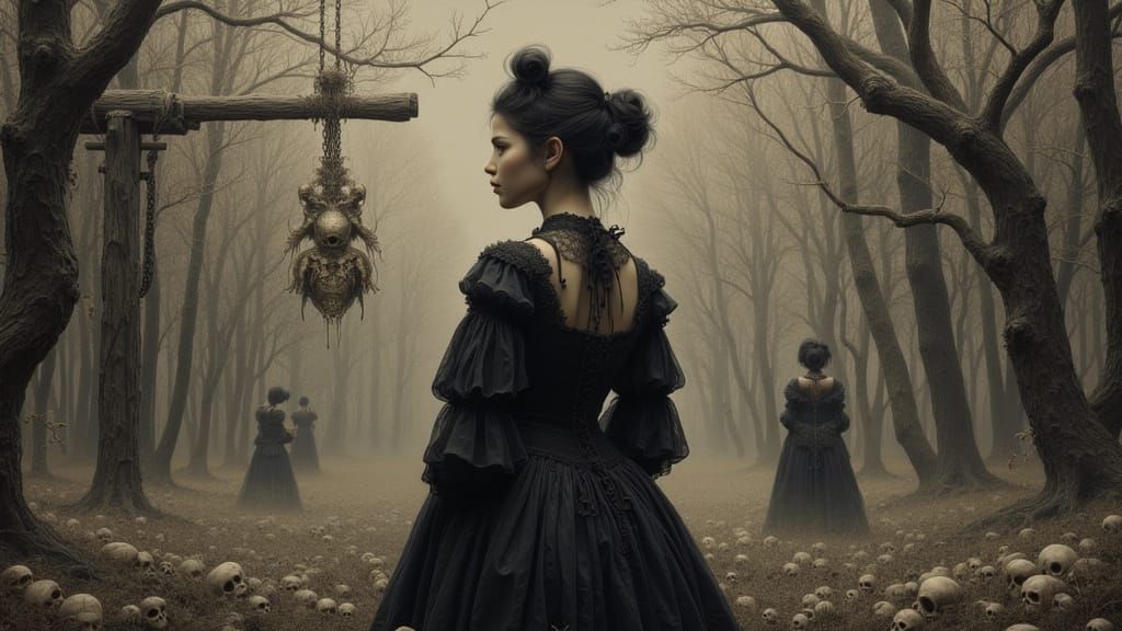 Gothic Woman Near Gibet, Haunting Oil Painting Style