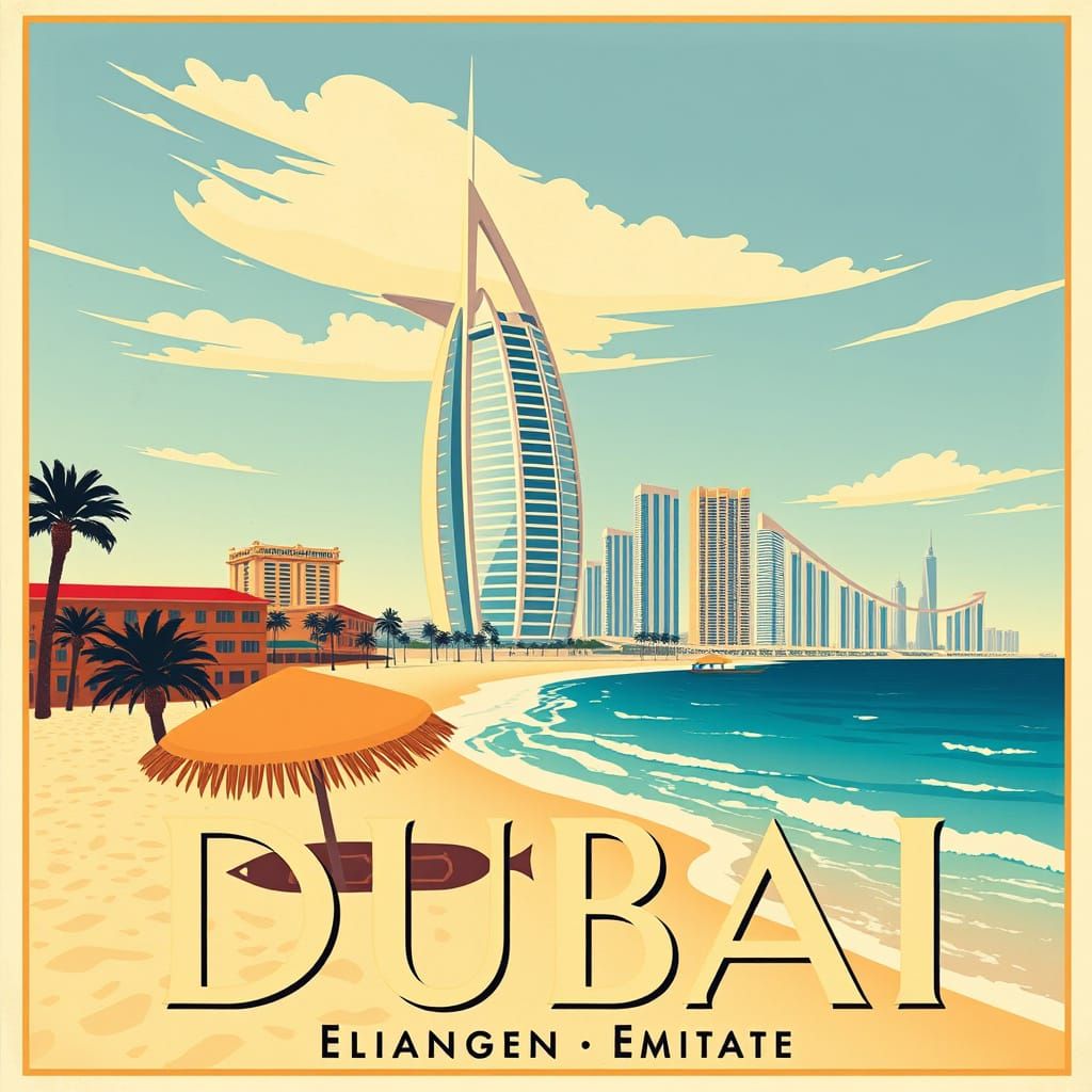 Vintage Dubai Travel Poster: Art Deco Style