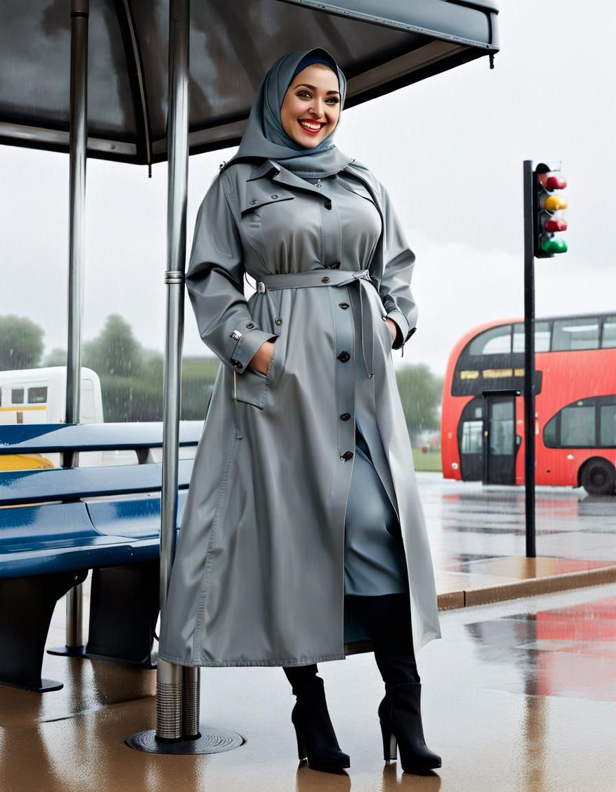Curvy Woman in Raincoat Waiting at Bus Stop