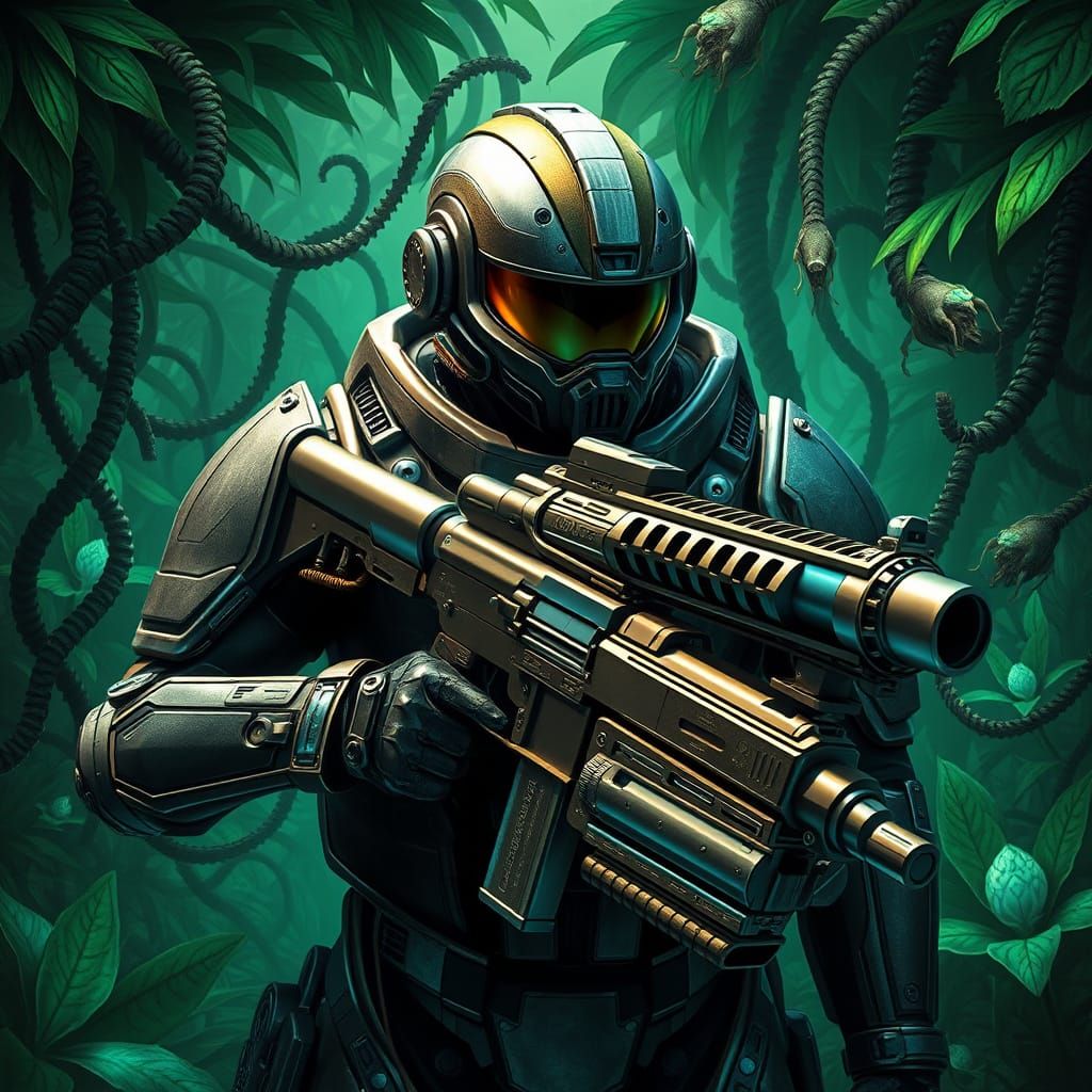 Space Marine in Futuristic Exo Suit Scans Alien Jungle