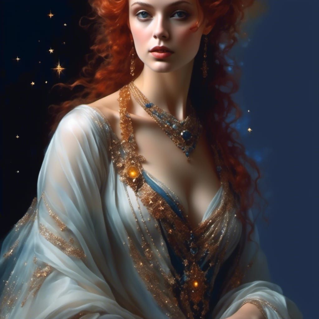 Woman in Starry Headscarf: Hyperrealistic Fantasy Portrait