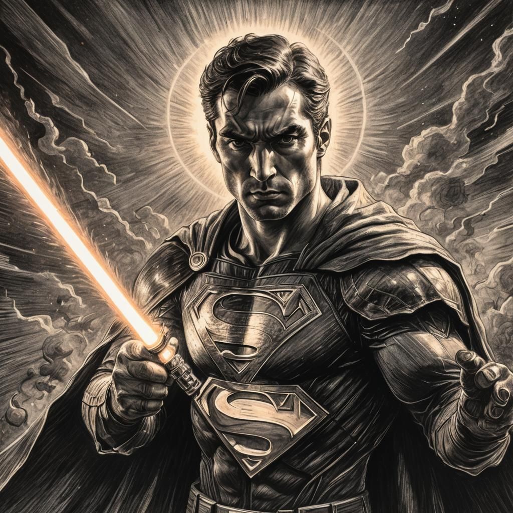 Superman with Lightsaber in Charcoal Drawing