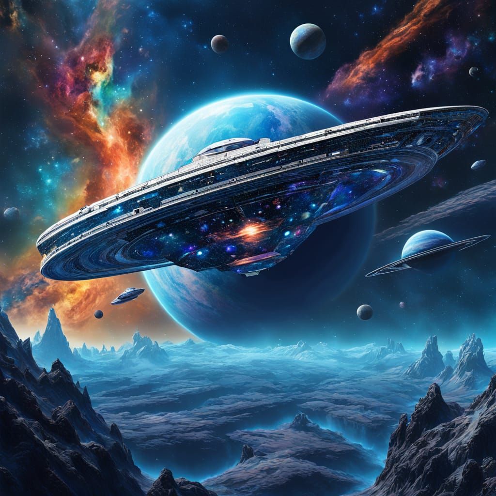 Sleek Spaceship Near Blue Star, Astral Illustration