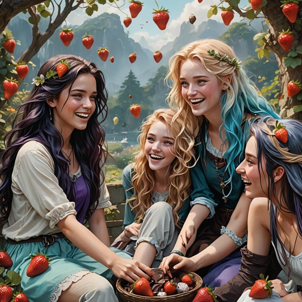 Four Teenage Girls Laughing Together: Fantasy Concept Art